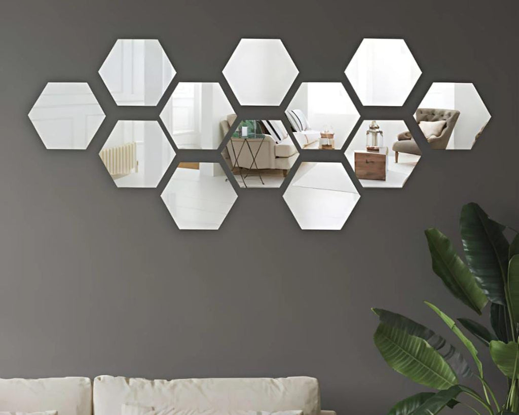 Set Of 12 Pieces Acrylic Hexagon Mirrors(Silver).